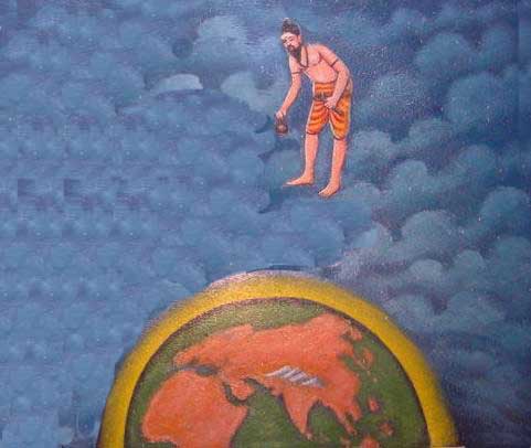 Bhogar, traversing the sky, observes faraway places like Arabia, Rome, and China.